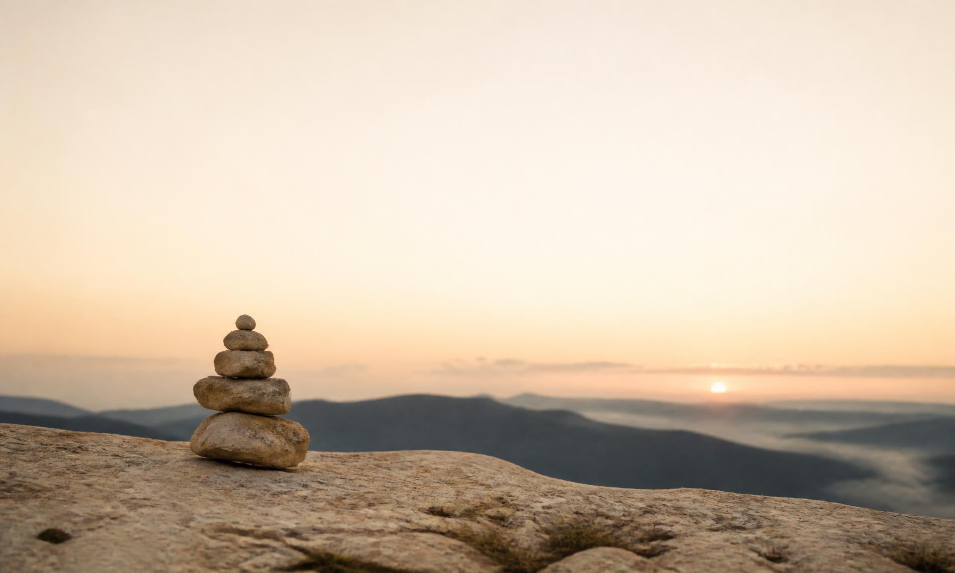 A small stone cairn on a limestone ridge at dawn, with misty hills in the distance